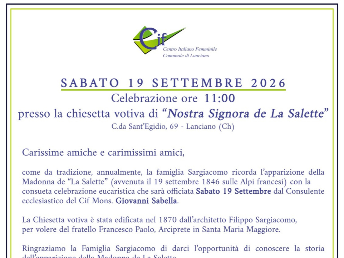 CIF LANCIANO Celebrazione in ricordo dell'apparizione della Madonna de "La Salette"